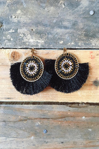 Fan Tassel Beaded Fringe Earring - Black