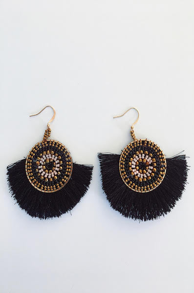 Fan Tassel Beaded Fringe Earring - Black