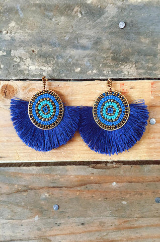 Fan Tassel Beaded Fringe Earring - Blue