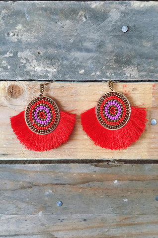 Fan Tassel Beaded Fringe Earring - Red